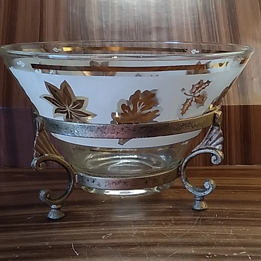 Vintage 1950s Aldon gold trim chip bowl and metal stand mcm